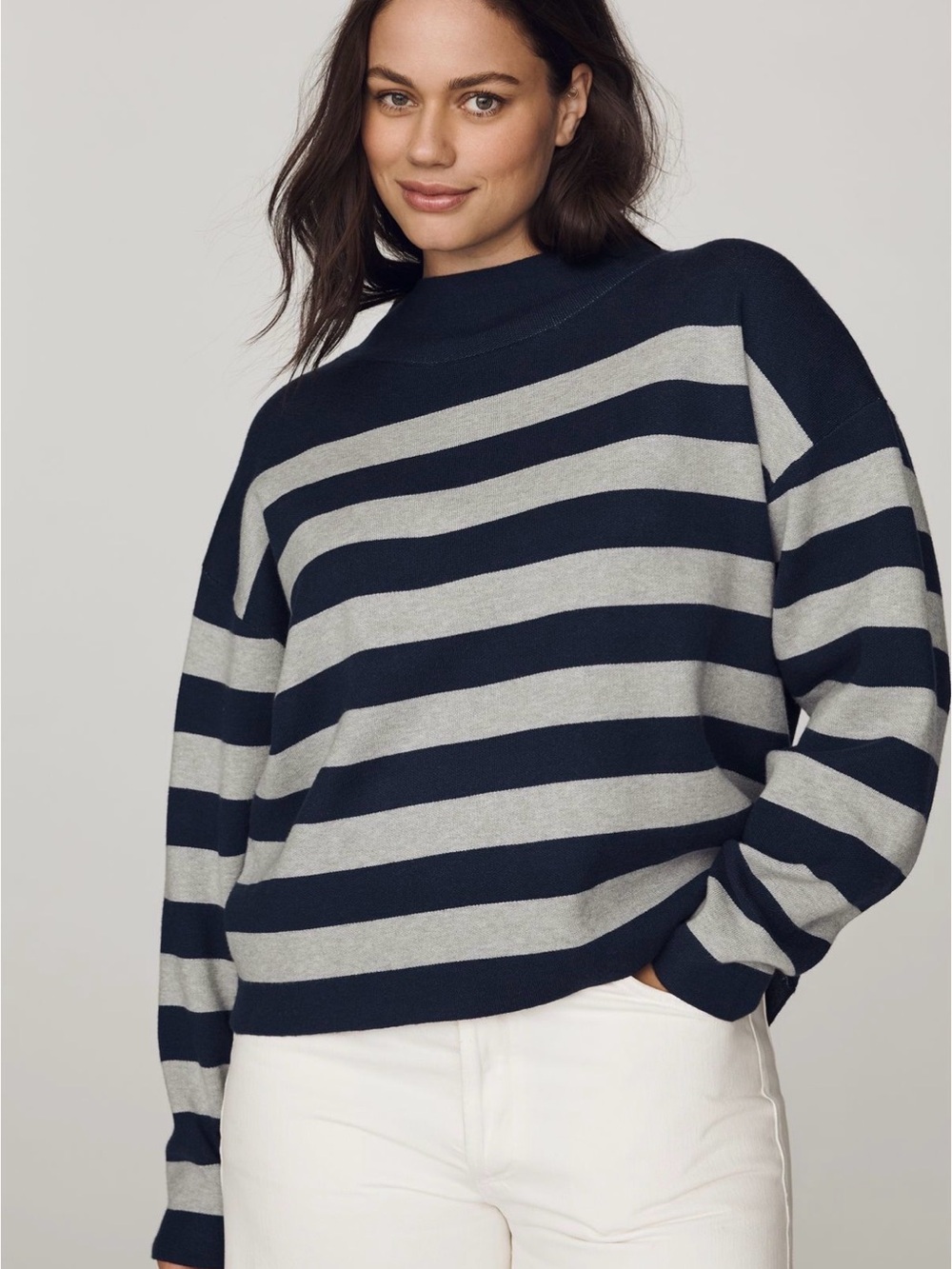 Maeve Navy and Gray Striped Mock Neck Sweater Size Medium NWOT